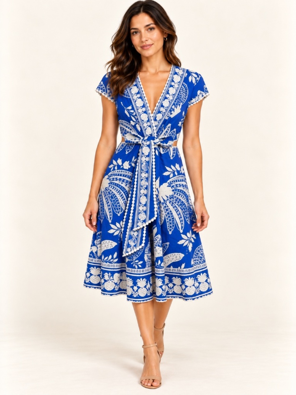 FARM Rio Lace Banana Blue Cutout Tie Front Vacation Resort Coastal Midi Dress